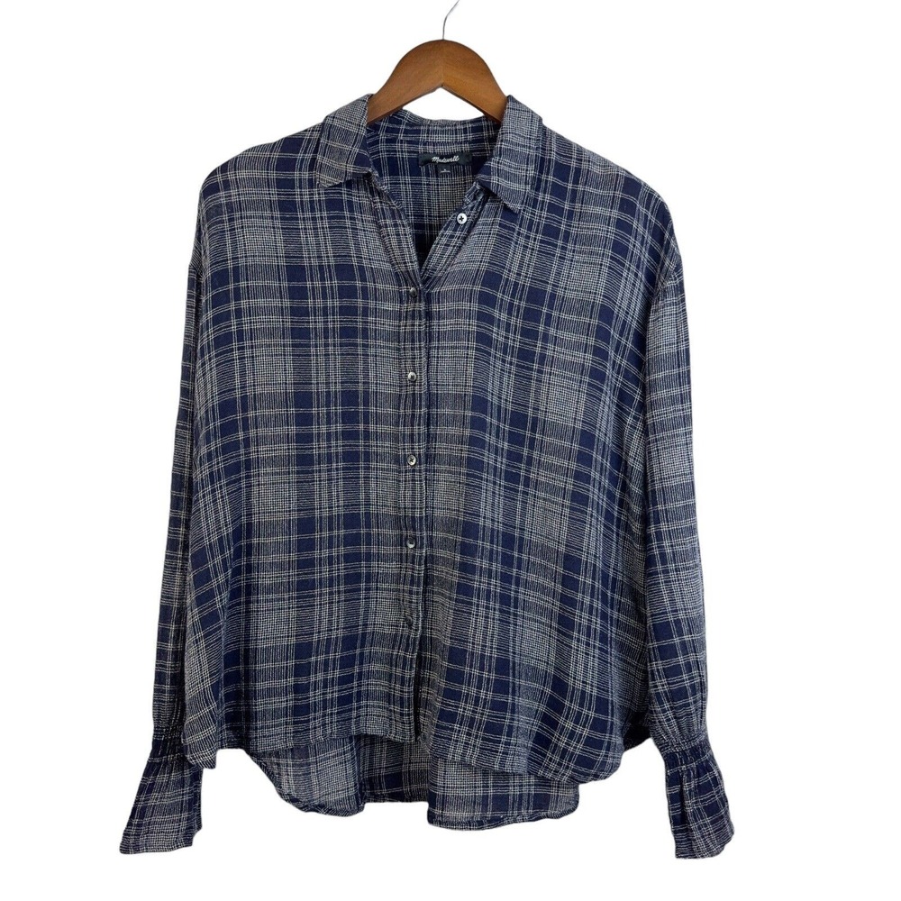 Madewell Plaid Button Down Shirt Women's Size Small Blue Viscose Wool Blend